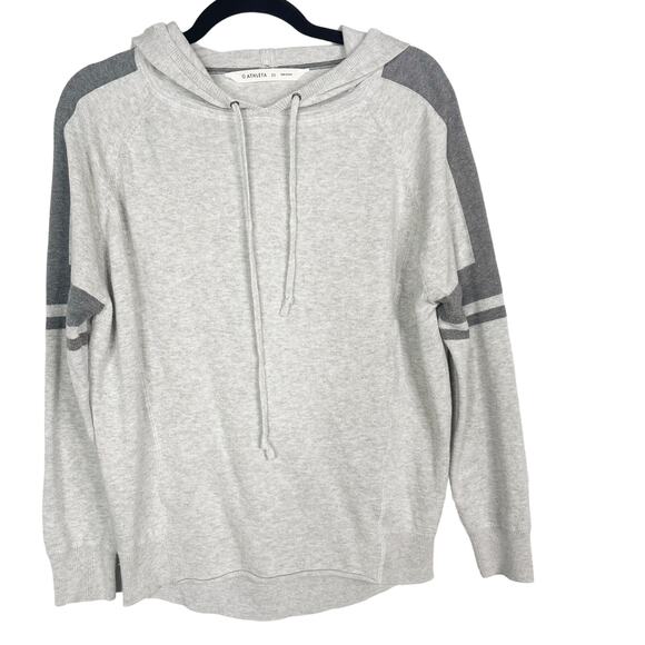 Athleta XSmall XS Gray Rally Sweater Hooded Striped Sleeve Cotton Blend Pullover - Picture 1 of 8